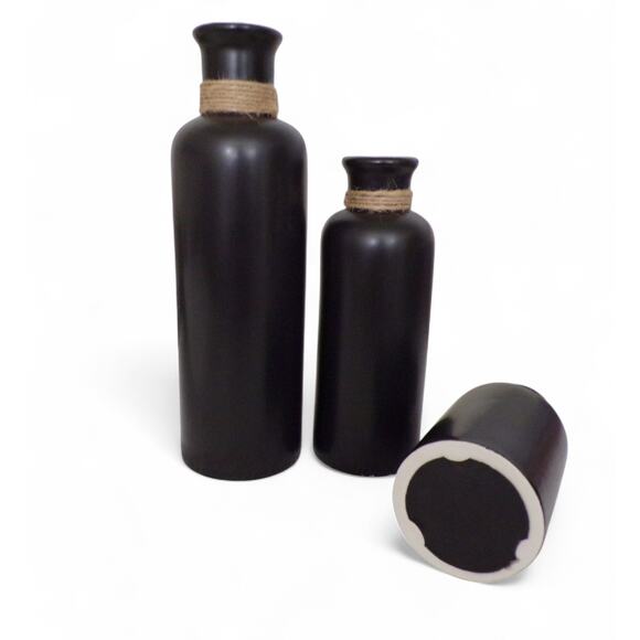 Matte Black Hemp Rope Detailing 3 Vase Set Ceramic New in Box Rustic Decor - Picture 3 of 3